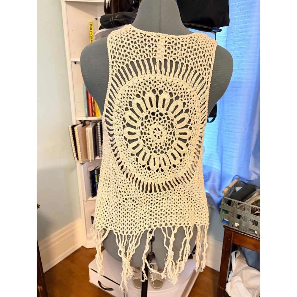 Love By Design Crochet Vest XS Ivory Fringe Boho Festival Halloween 70s